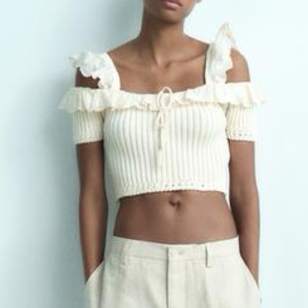 Zara Cream Ribbed Cropped Sweater with Lace Details